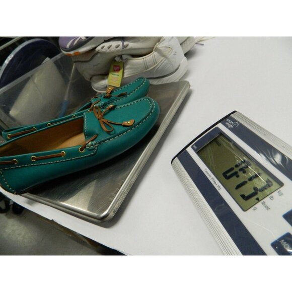 Clarks Turquoise Leather Loafers 7M Slip-On Driving Moccasins Tan Bow Rubber Sol - Picture 9 of 9